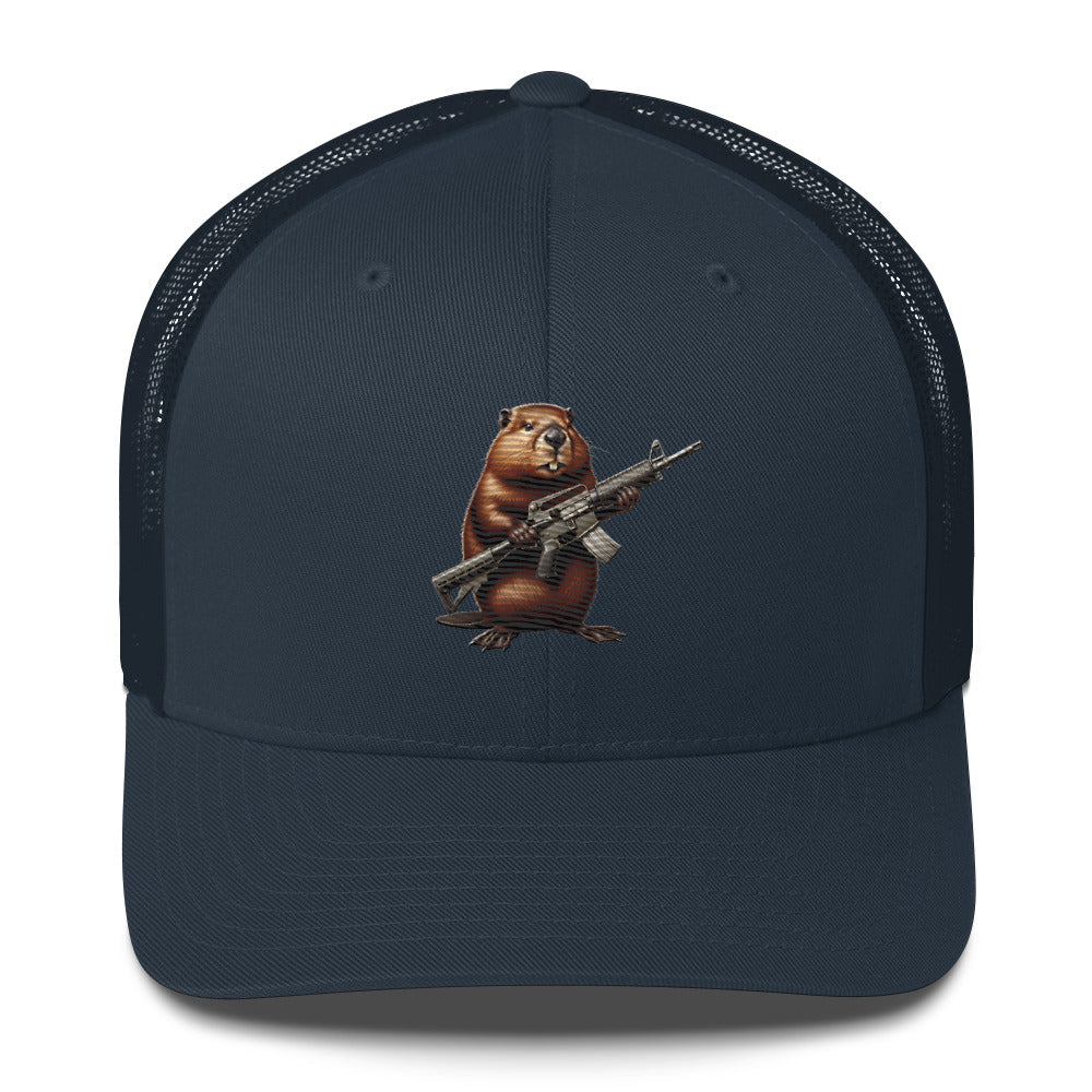 Embroidered Gun Beaver Clutching Rifle | Retro Trucker Cap Retro Trucker Cap Gun Beaver Navy  