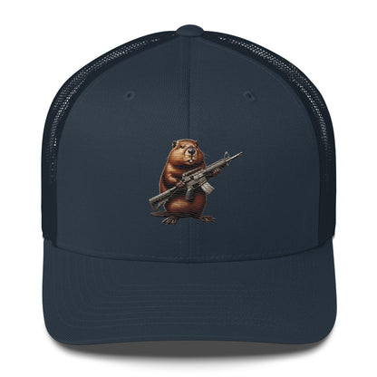 Embroidered Gun Beaver Clutching Rifle | Retro Trucker Cap Retro Trucker Cap Gun Beaver Navy  