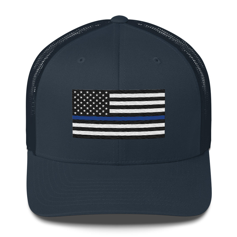 Embroidered Thin Blue Line Flag | Retro Trucker Cap Retro Trucker Cap Gun Beaver Navy  