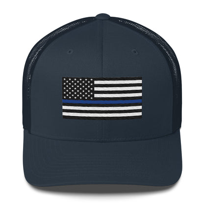 Embroidered Thin Blue Line Flag | Retro Trucker Cap Retro Trucker Cap Gun Beaver Navy  