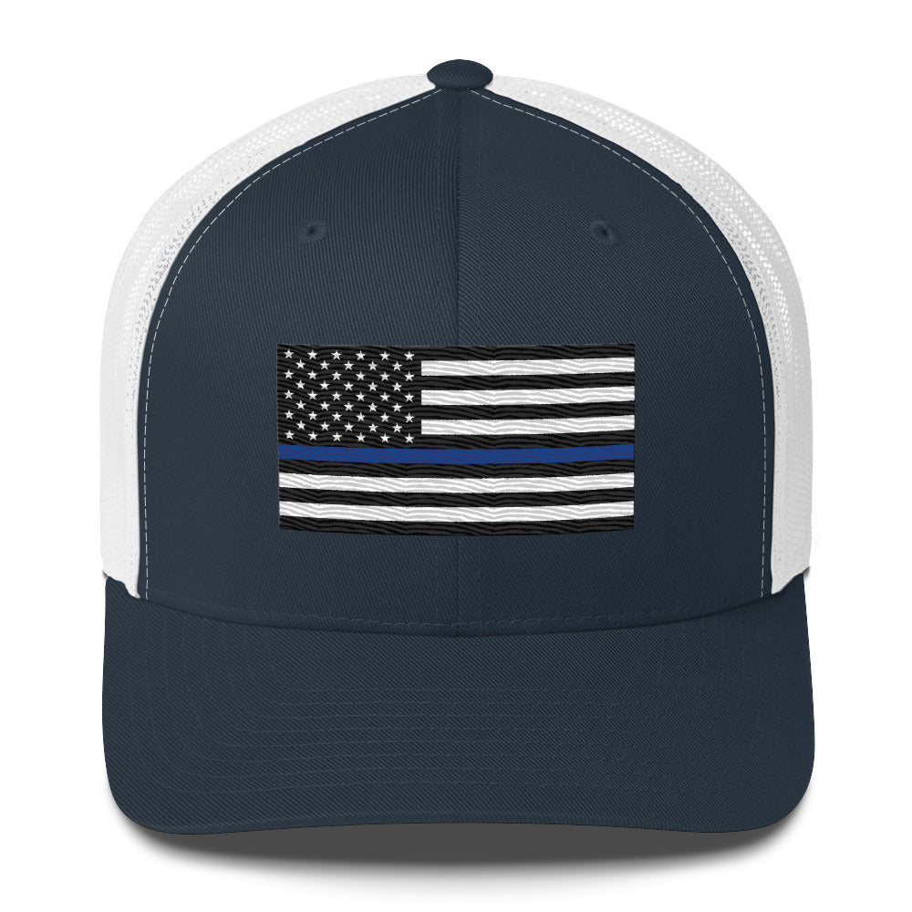 Embroidered Thin Blue Line Flag | Retro Trucker Cap Retro Trucker Cap Gun Beaver Navy/ White  