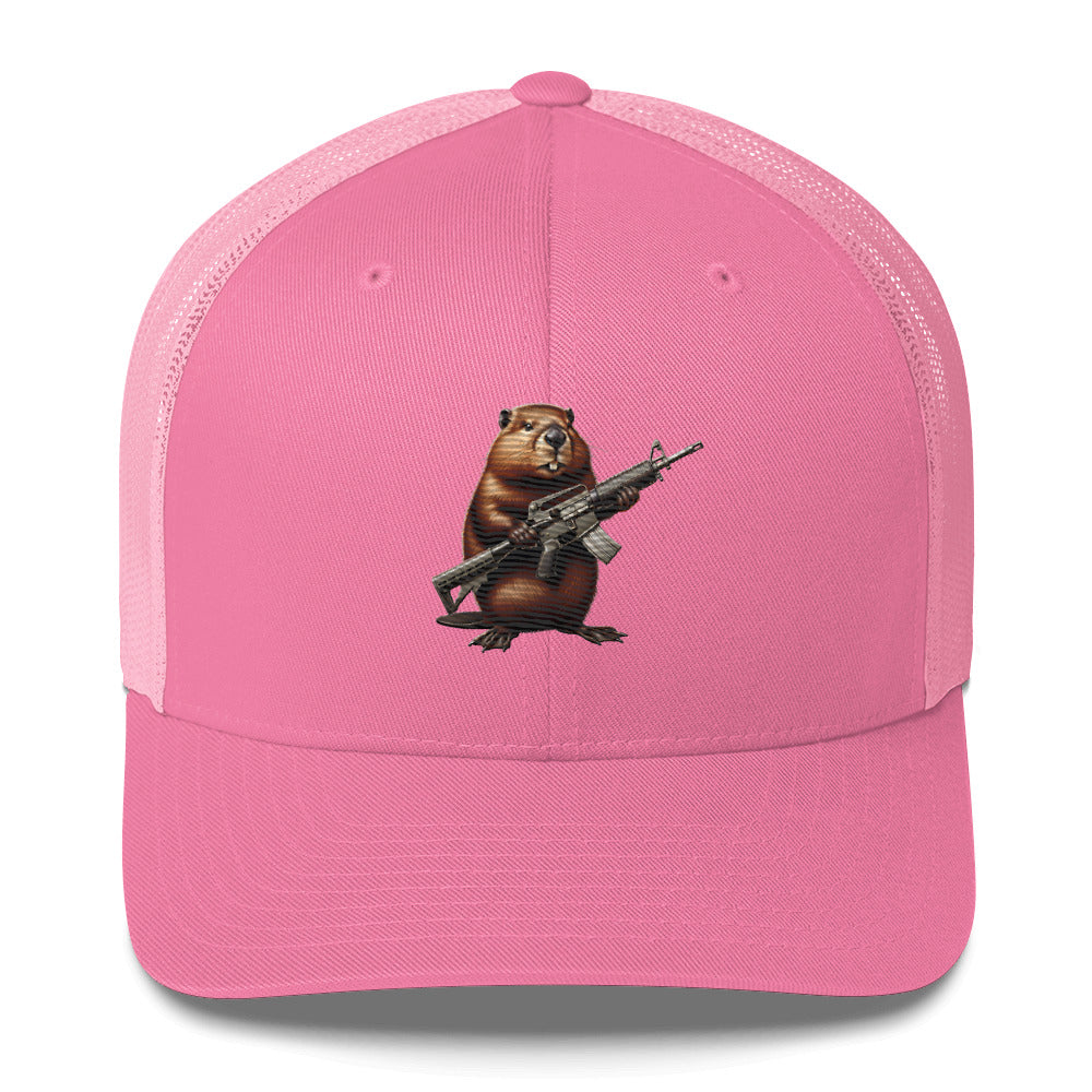 Embroidered Gun Beaver Clutching Rifle | Retro Trucker Cap Retro Trucker Cap Gun Beaver Pink  