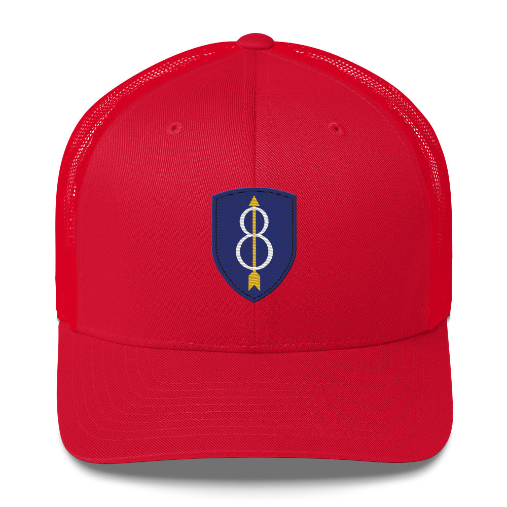 Embroidered 8th Infantry Division Insignia ("Pathfinder") | Retro Trucker Cap Retro Trucker Cap Gun Beaver Red  