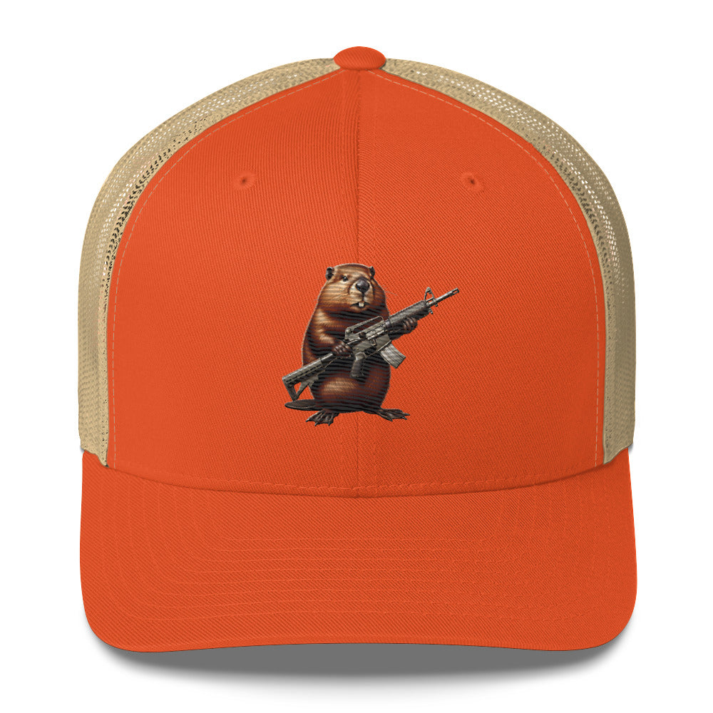 Embroidered Gun Beaver Clutching Rifle | Retro Trucker Cap Retro Trucker Cap Gun Beaver Rustic Orange/ Khaki  