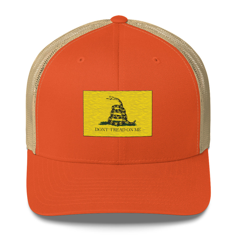 Embroidered "Don't Tread on Me" Gadsden Flag | Retro Trucker Cap Retro Trucker Cap Gun Beaver Rustic Orange/ Khaki  