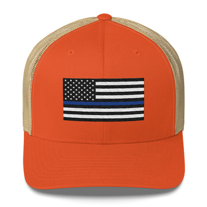 Embroidered Thin Blue Line Flag | Retro Trucker Cap Retro Trucker Cap Gun Beaver Rustic Orange/ Khaki  