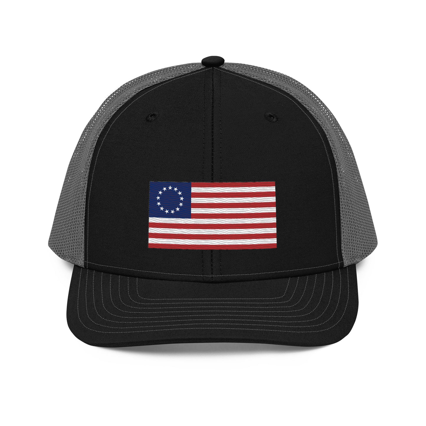 Embroidered Betsy Ross Flag | Snapback Trucker Cap | Richardson 112 Richardson 112 Gun Beaver Black / Charcoal  