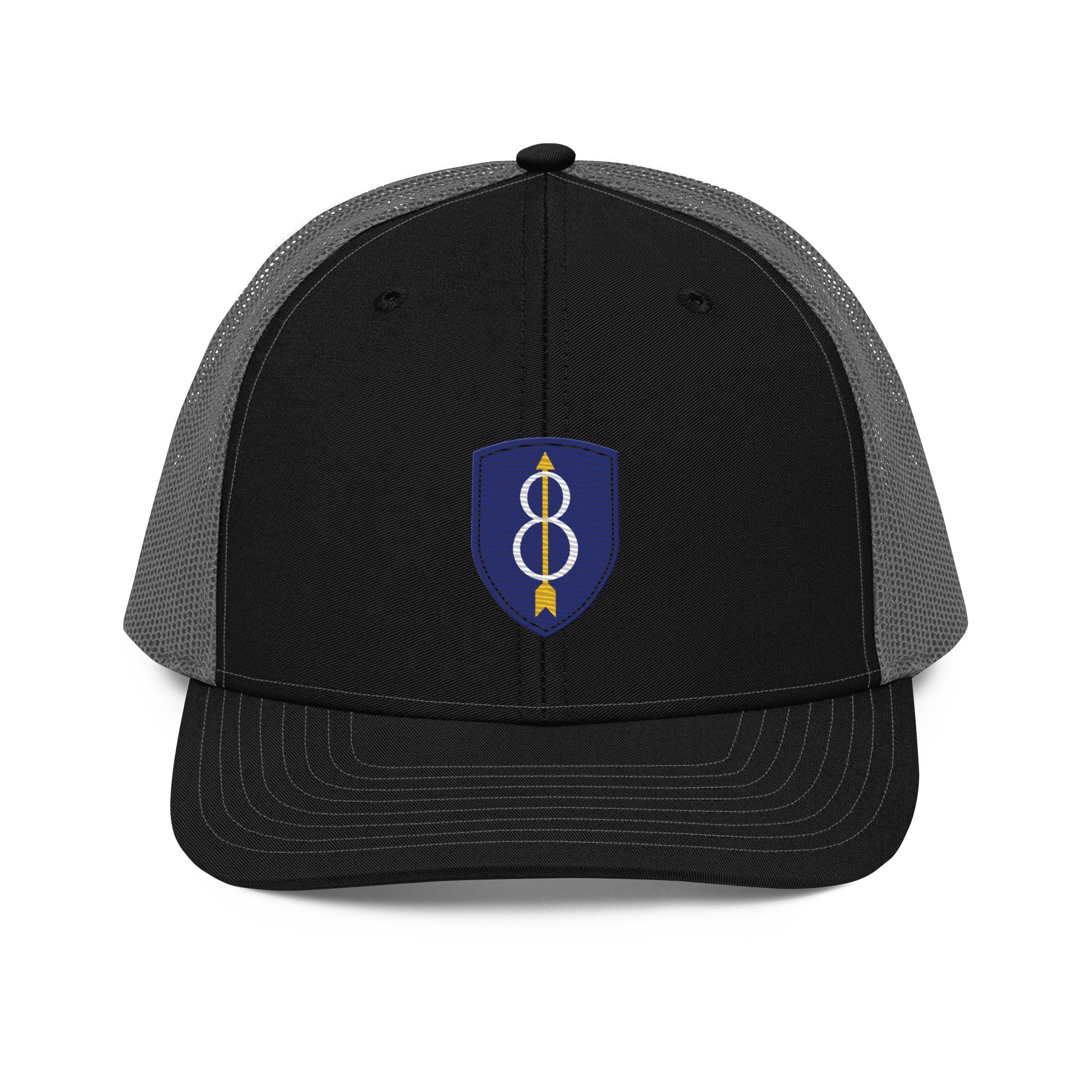 Embroidered 8th Infantry Division Insignia ("Pathfinder") | Snapback Trucker Cap | Richardson 112 Richardson 112 Gun Beaver Black / Charcoal  