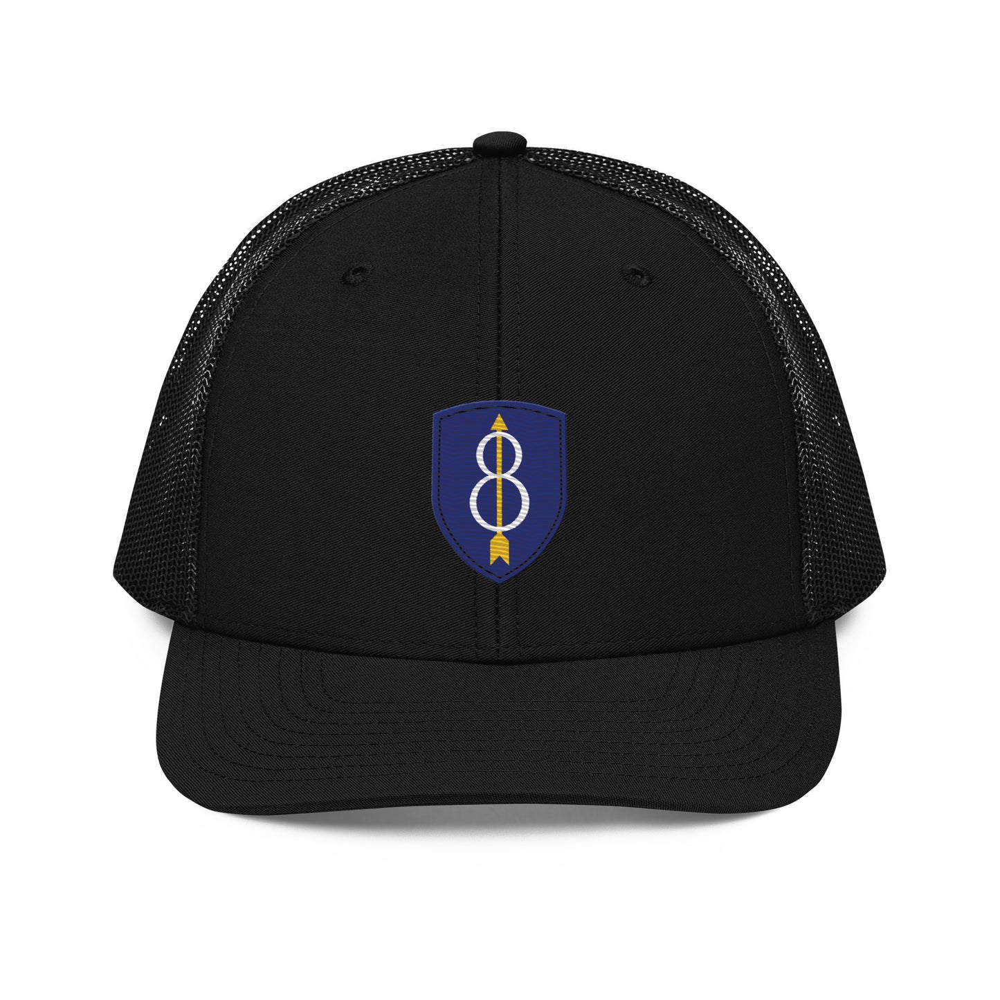 Embroidered 8th Infantry Division Insignia ("Pathfinder") | Snapback Trucker Cap | Richardson 112 Richardson 112 Gun Beaver Black  