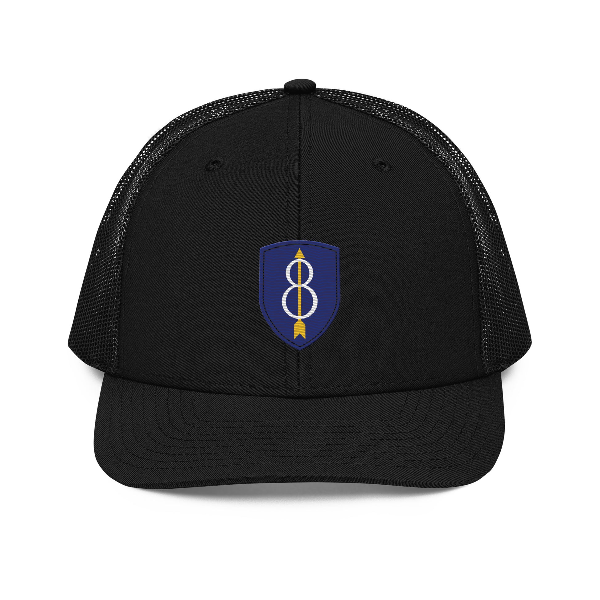 Embroidered 8th Infantry Division Insignia ("Pathfinder") | Snapback Trucker Cap | Richardson 112 Richardson 112 Gun Beaver Black  