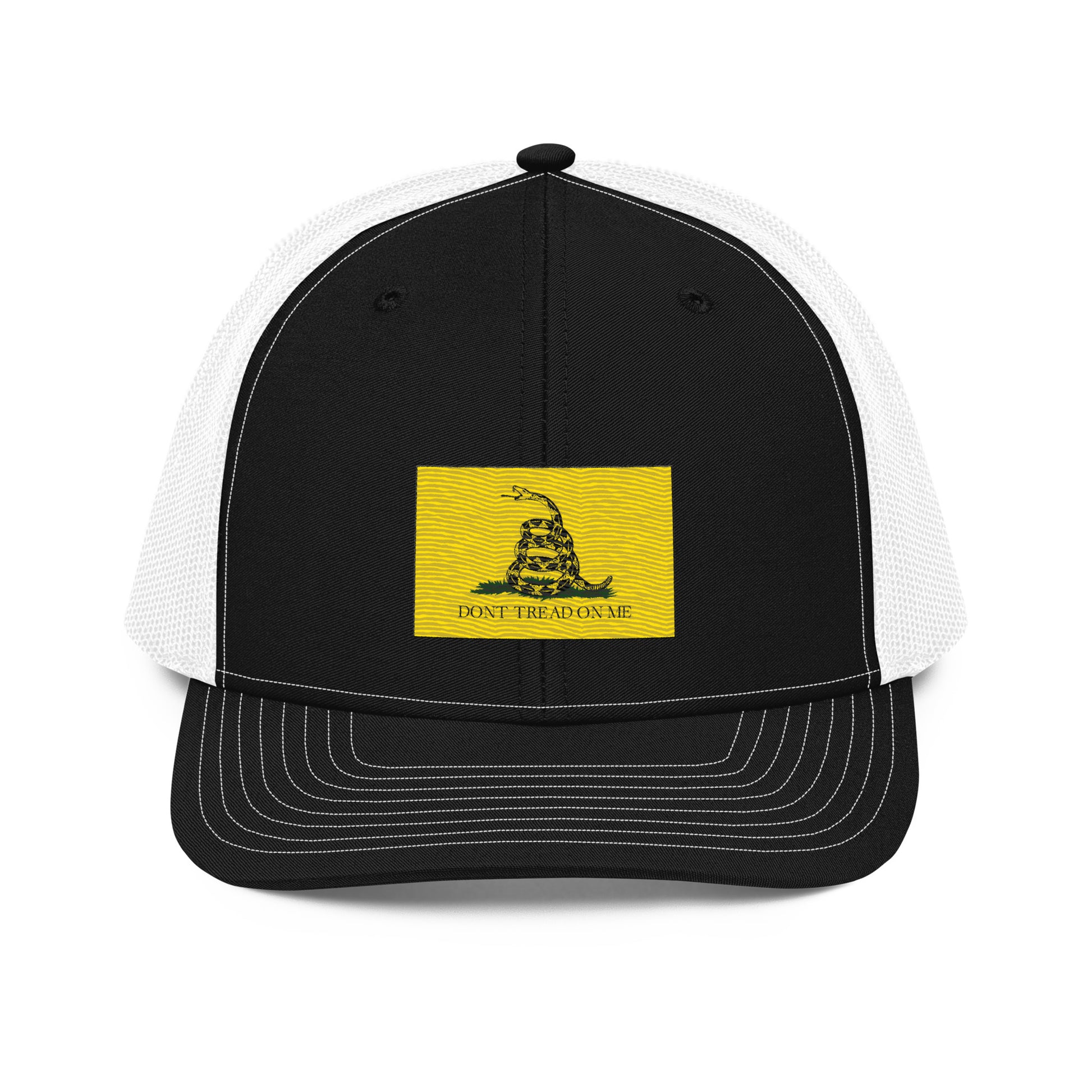 Embroidered "Don't Tread on Me" Gadsden Flag | Snapback Trucker Cap | Richardson 112 Richardson 112 Gun Beaver Black / White  