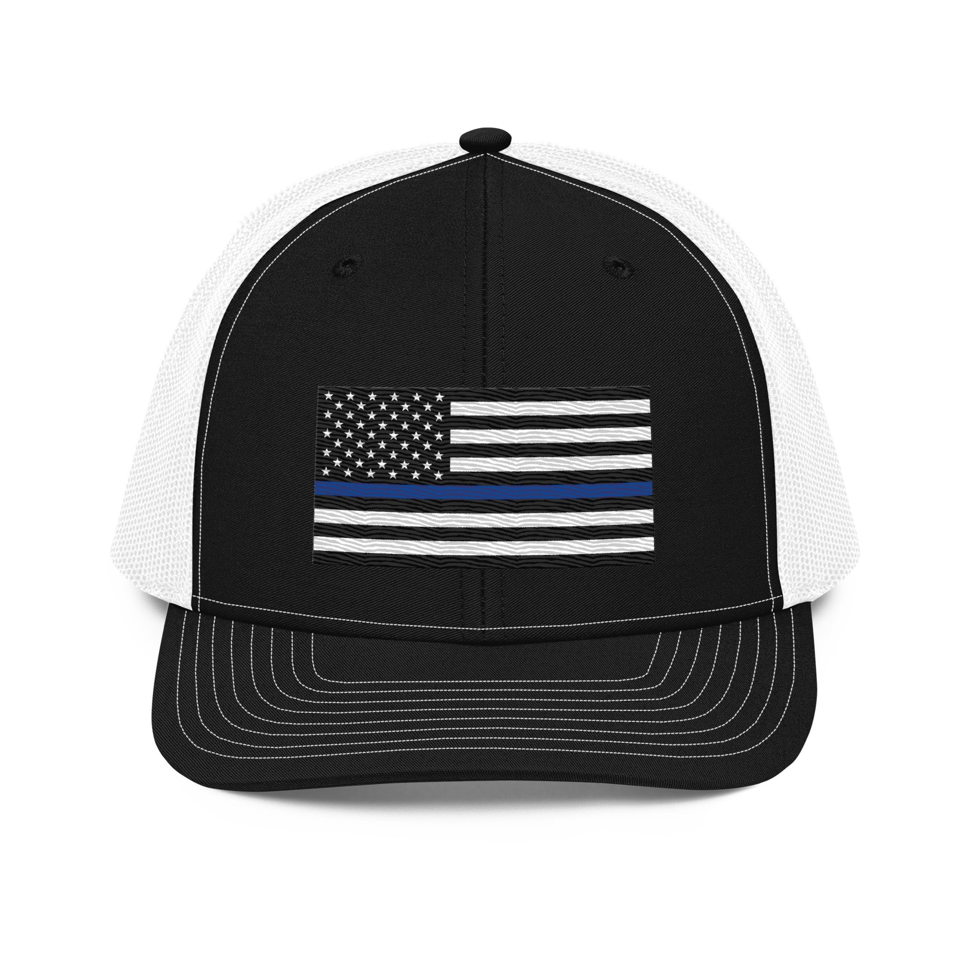 Embroidered Thin Blue Line Flag | Snapback Trucker Cap | Richardson 112 Richardson 112 Gun Beaver Black / White  