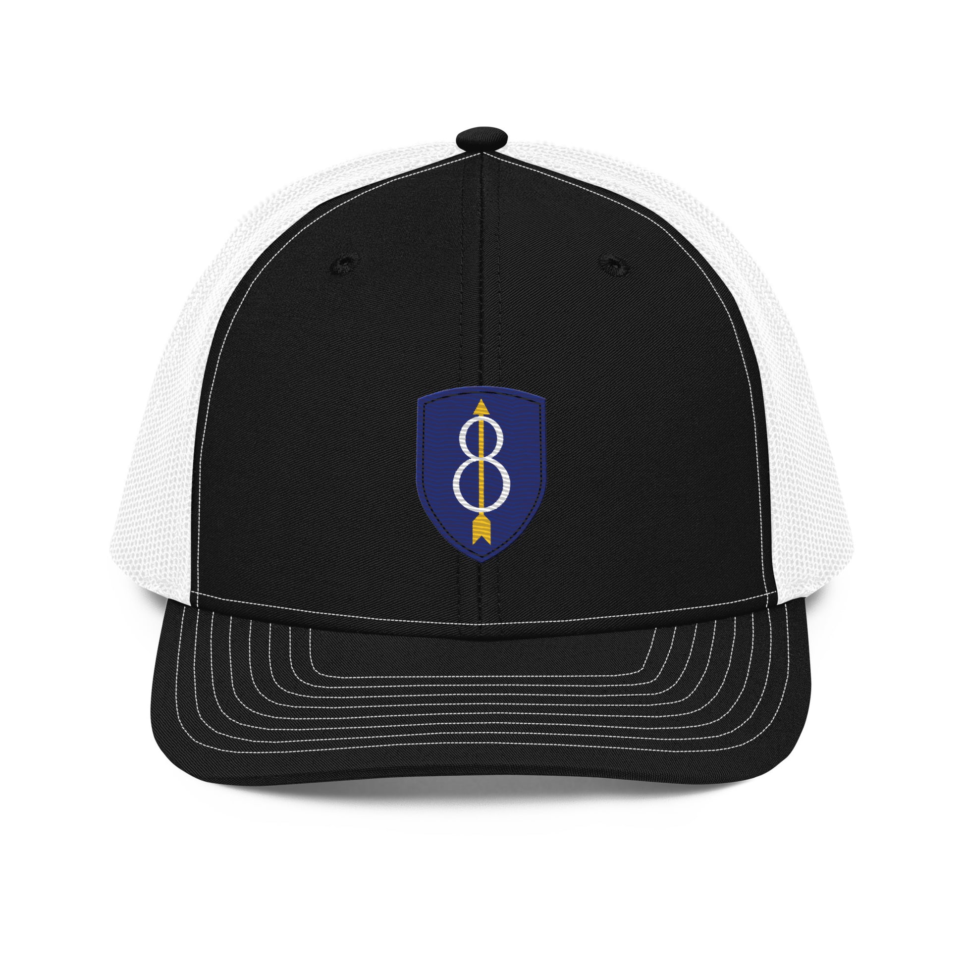 Embroidered 8th Infantry Division Insignia ("Pathfinder") | Snapback Trucker Cap | Richardson 112 Richardson 112 Gun Beaver Black / White  