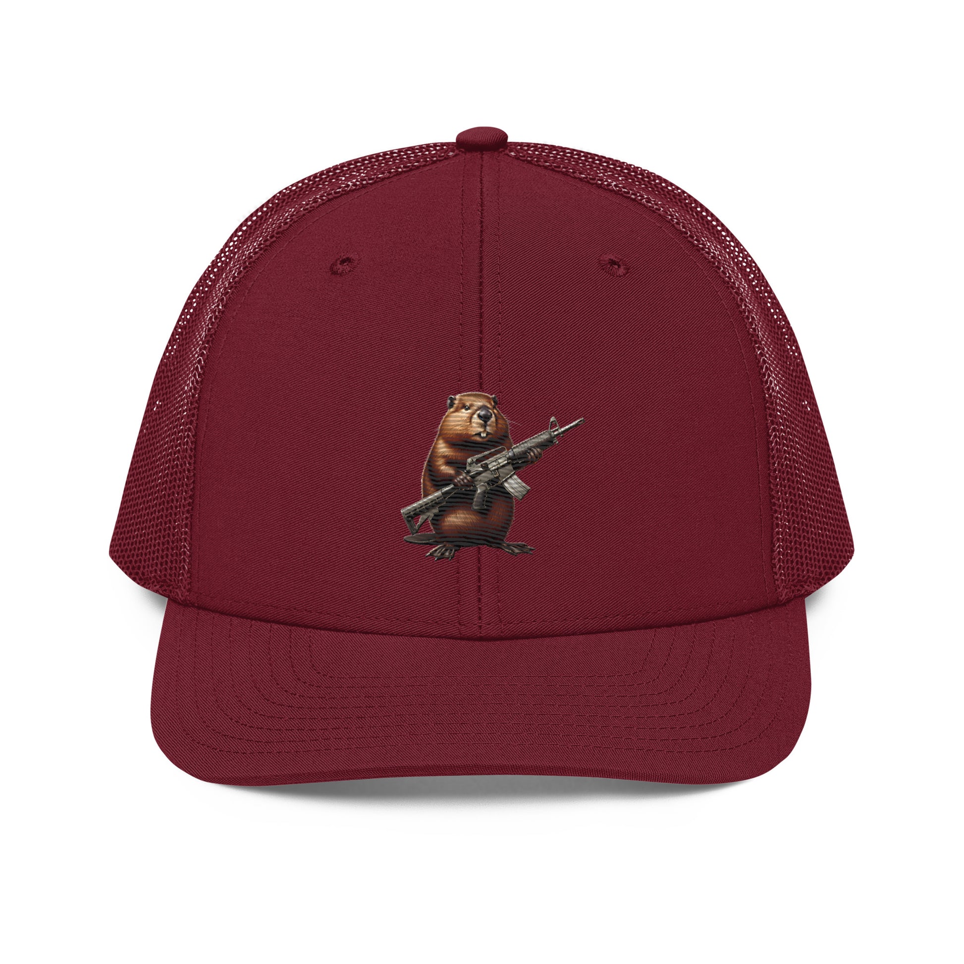 Embroidered Gun Beaver Clutching Rifle | Snapback Trucker Cap | Richardson 112 Richardson 112 Gun Beaver Cardinal  