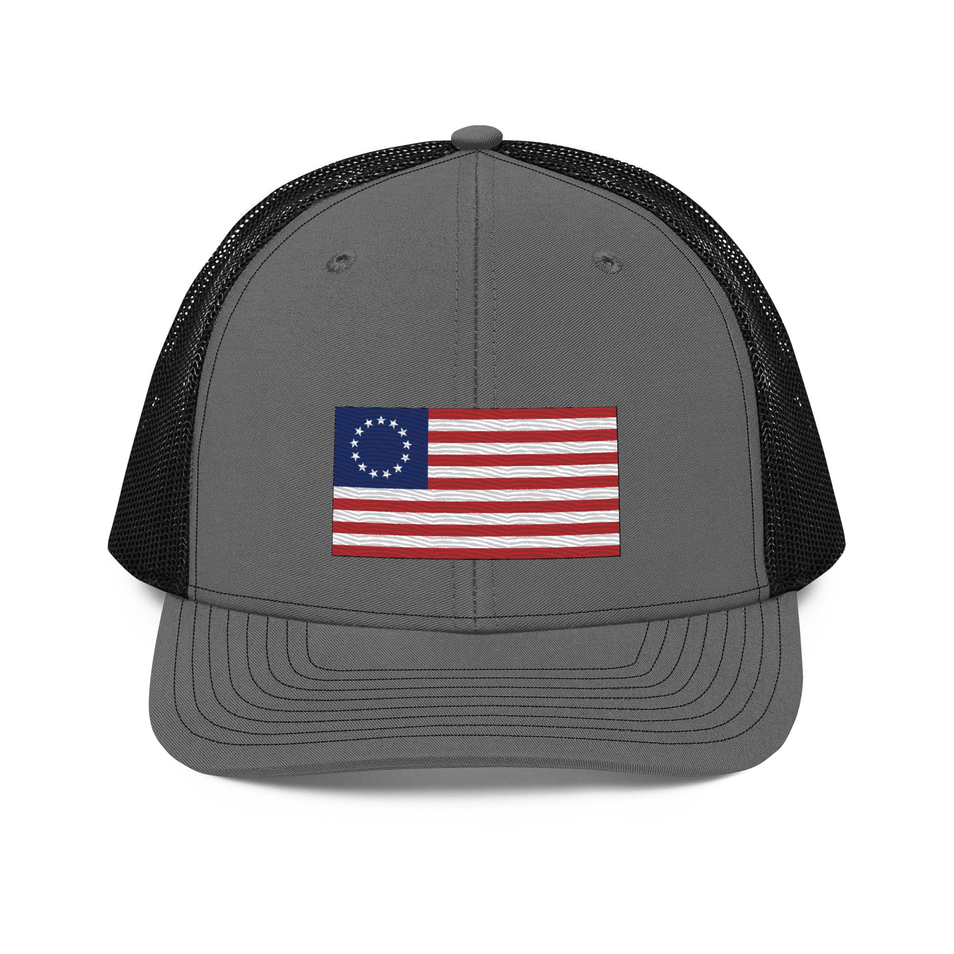 Embroidered Betsy Ross Flag | Snapback Trucker Cap | Richardson 112 Richardson 112 Gun Beaver Charcoal/Black  