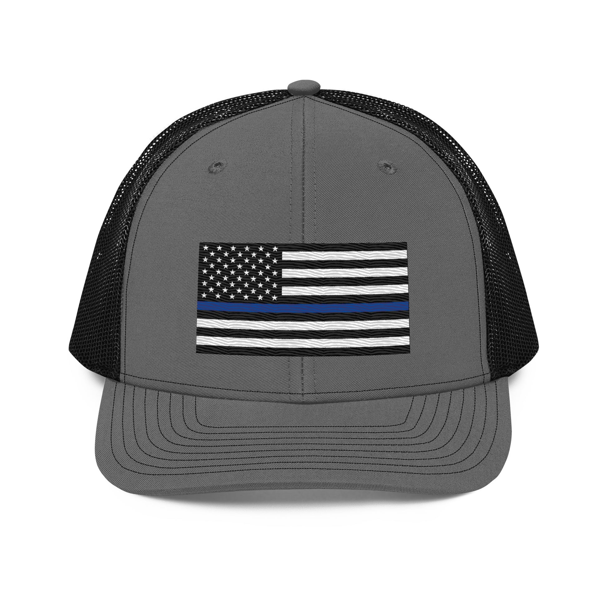 Embroidered Thin Blue Line Flag | Snapback Trucker Cap | Richardson 112 Richardson 112 Gun Beaver Charcoal/Black  