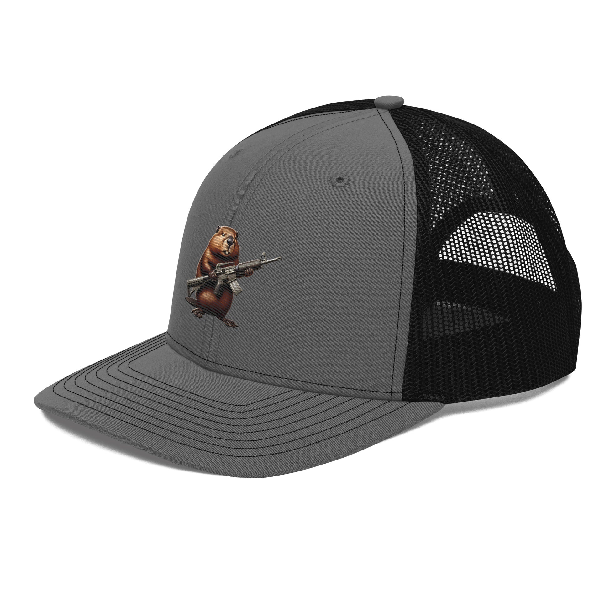 Embroidered Gun Beaver Clutching Rifle | Snapback Trucker Cap | Richardson 112 Richardson 112 Gun Beaver   