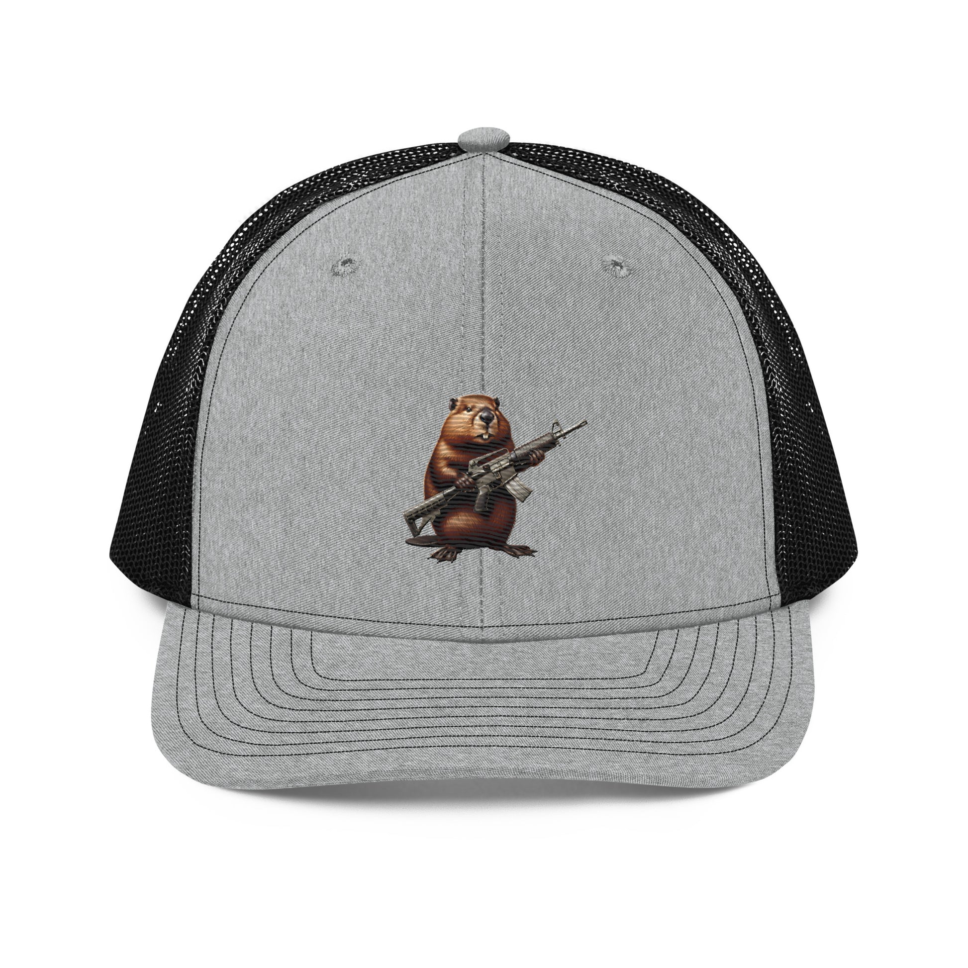 Embroidered Gun Beaver Clutching Rifle | Snapback Trucker Cap | Richardson 112 Richardson 112 Gun Beaver Heather Grey / Black  