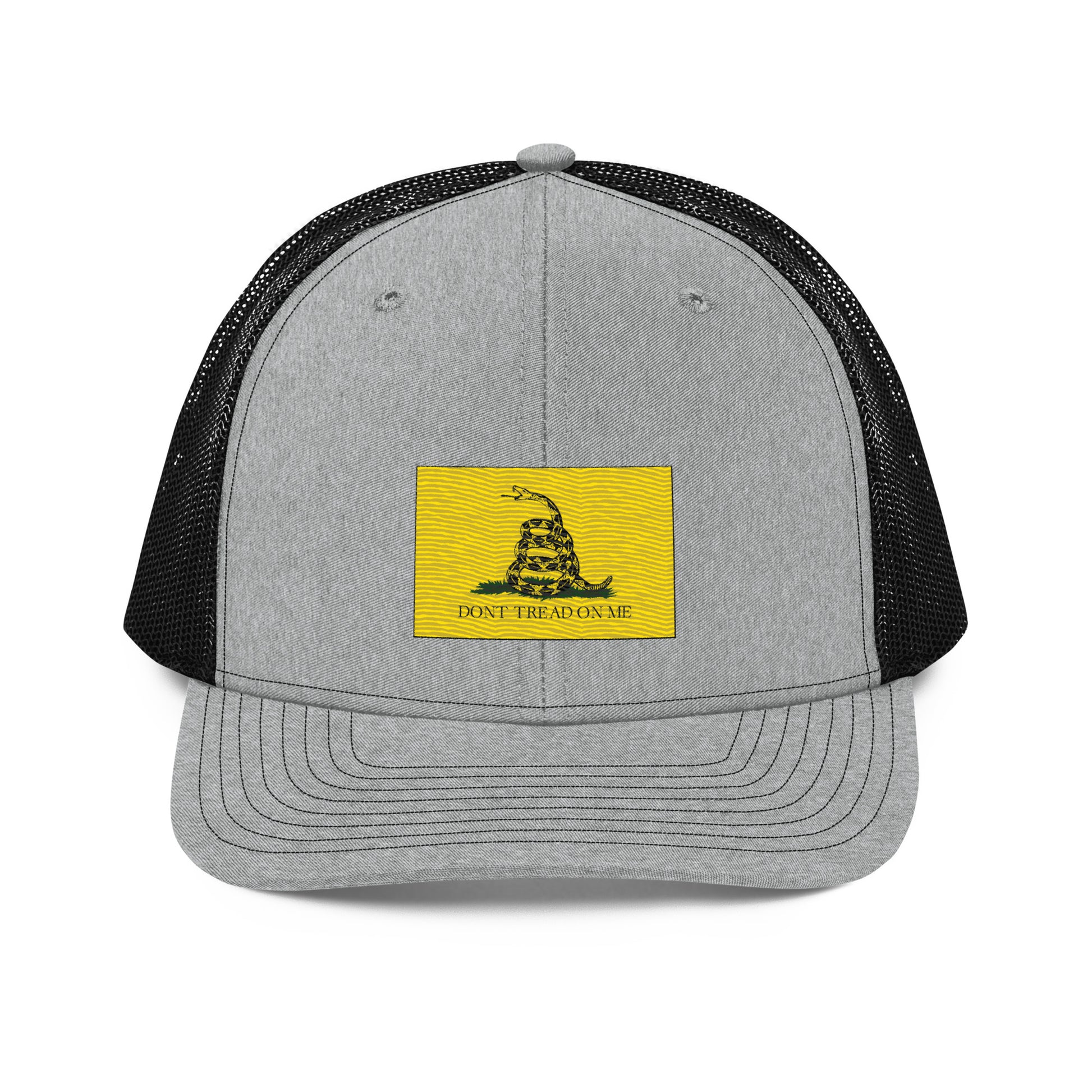 Embroidered "Don't Tread on Me" Gadsden Flag | Snapback Trucker Cap | Richardson 112 Richardson 112 Gun Beaver Heather Grey / Black  