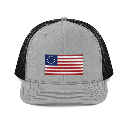 Embroidered Betsy Ross Flag | Snapback Trucker Cap | Richardson 112 Richardson 112 Gun Beaver Heather Grey / Black  