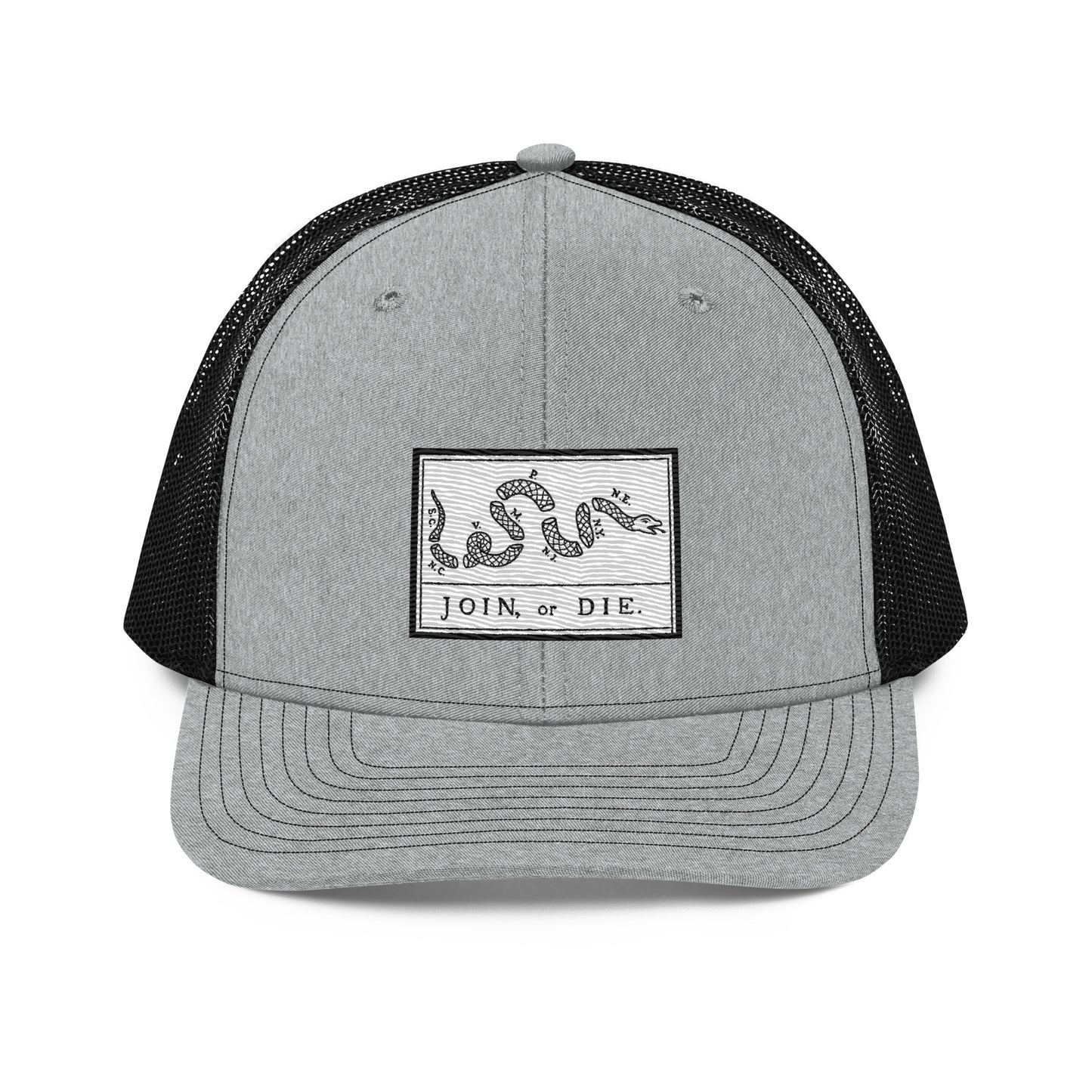 Embroidered “Join or Die" Flag | Snapback Trucker Cap | Richardson 112 Richardson 112 Gun Beaver Heather Grey / Black  