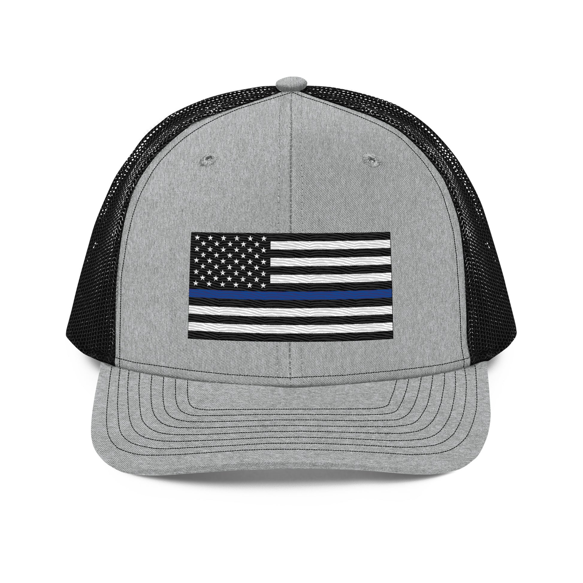 Embroidered Thin Blue Line Flag | Snapback Trucker Cap | Richardson 112 Richardson 112 Gun Beaver Heather Grey / Black  