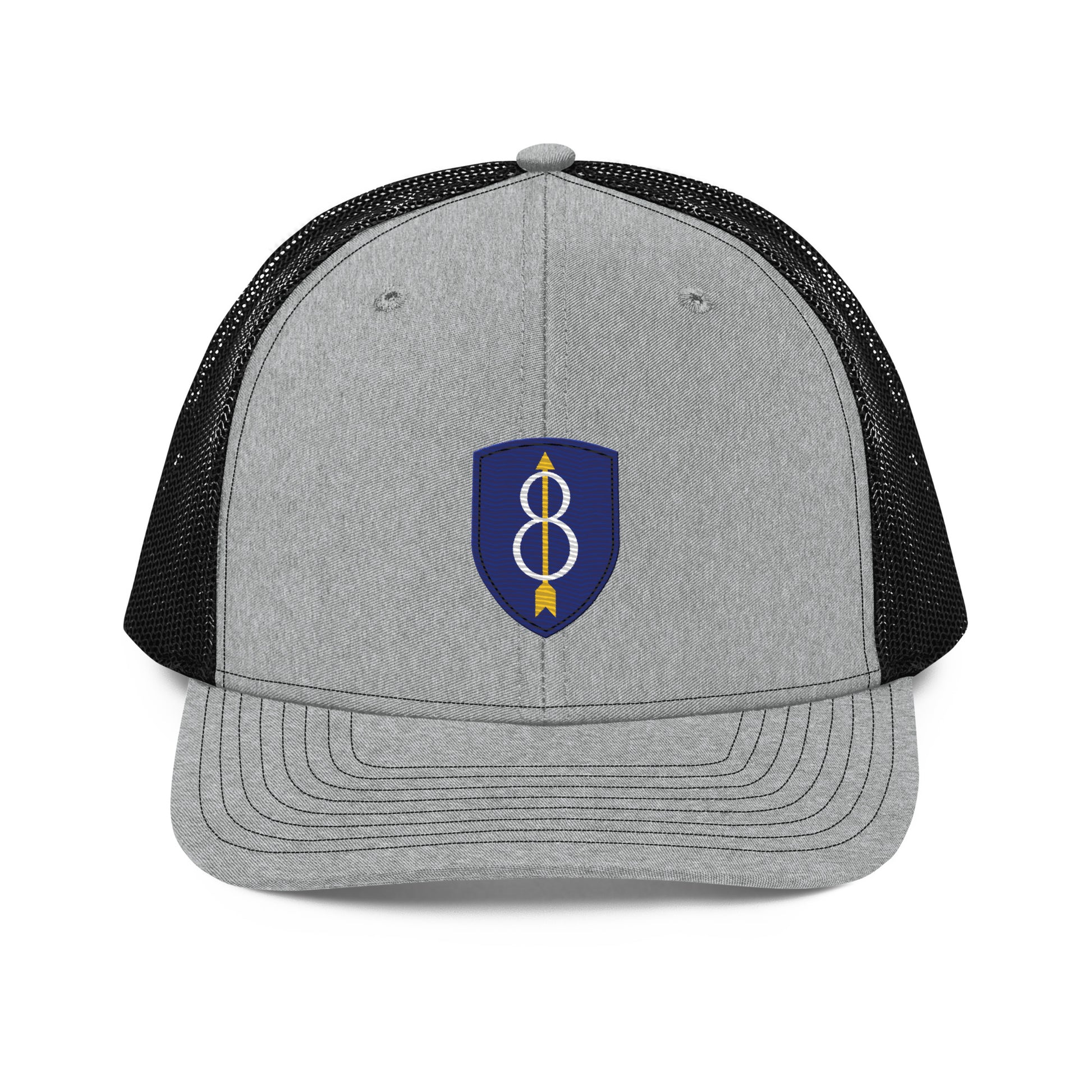 Embroidered 8th Infantry Division Insignia ("Pathfinder") | Snapback Trucker Cap | Richardson 112 Richardson 112 Gun Beaver Heather Grey / Black  