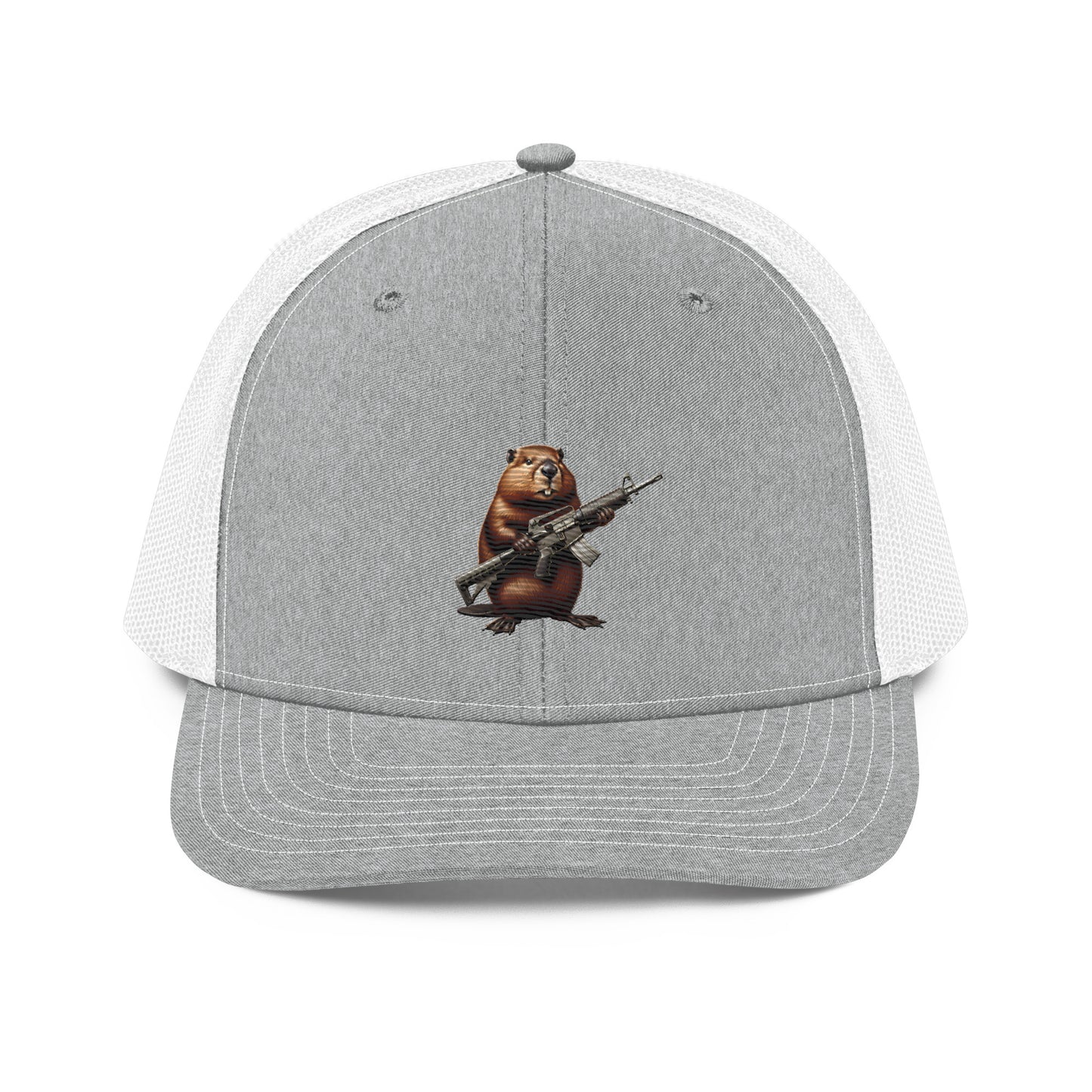 Embroidered Gun Beaver Clutching Rifle | Snapback Trucker Cap | Richardson 112 Richardson 112 Gun Beaver Heather Grey/White  