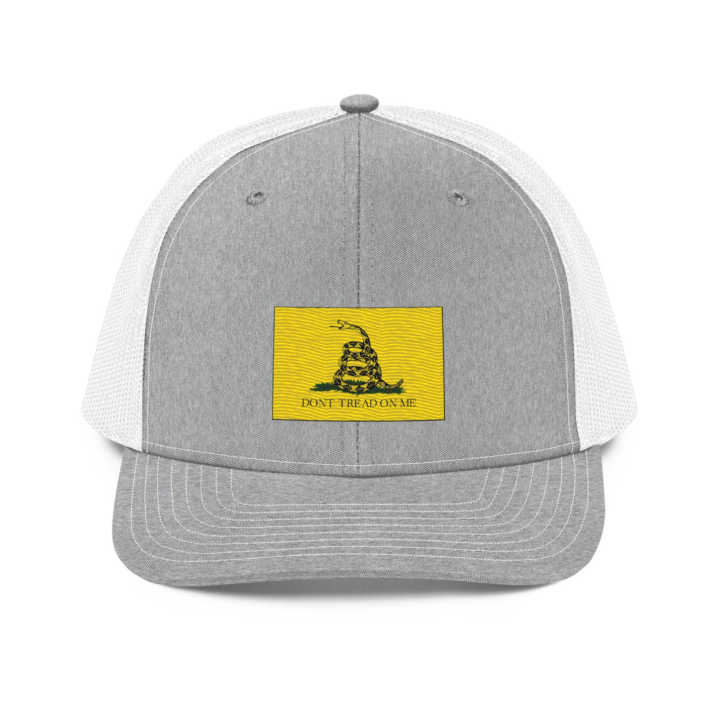 Embroidered "Don't Tread on Me" Gadsden Flag | Snapback Trucker Cap | Richardson 112 Richardson 112 Gun Beaver Heather Grey/White  