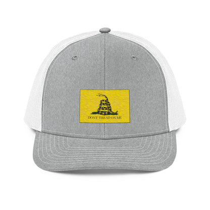 Embroidered "Don't Tread on Me" Gadsden Flag | Snapback Trucker Cap | Richardson 112 Richardson 112 Gun Beaver Heather Grey/White  