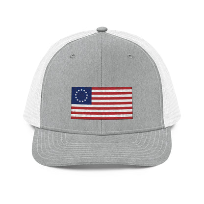 Embroidered Betsy Ross Flag | Snapback Trucker Cap | Richardson 112 Richardson 112 Gun Beaver Heather Grey/White  