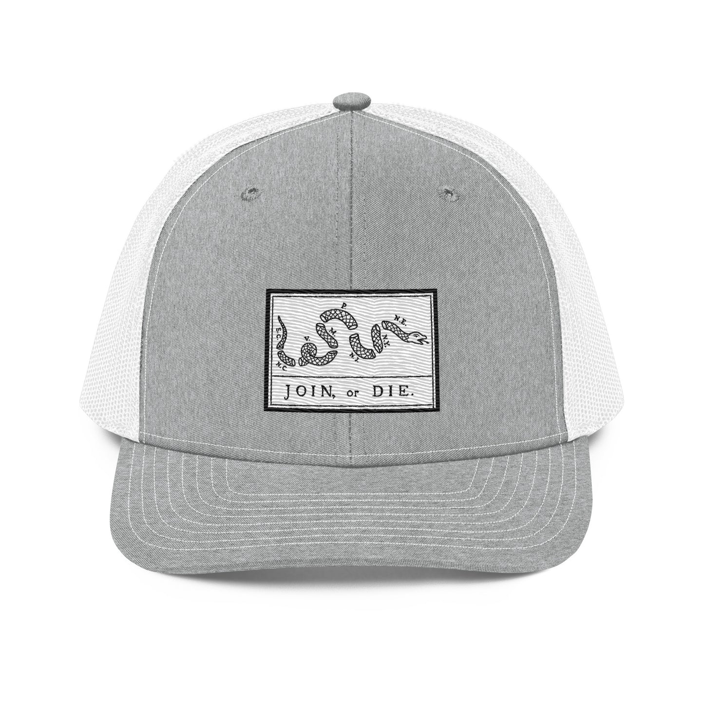 Embroidered “Join or Die" Flag | Snapback Trucker Cap | Richardson 112 Richardson 112 Gun Beaver Heather Grey/White  