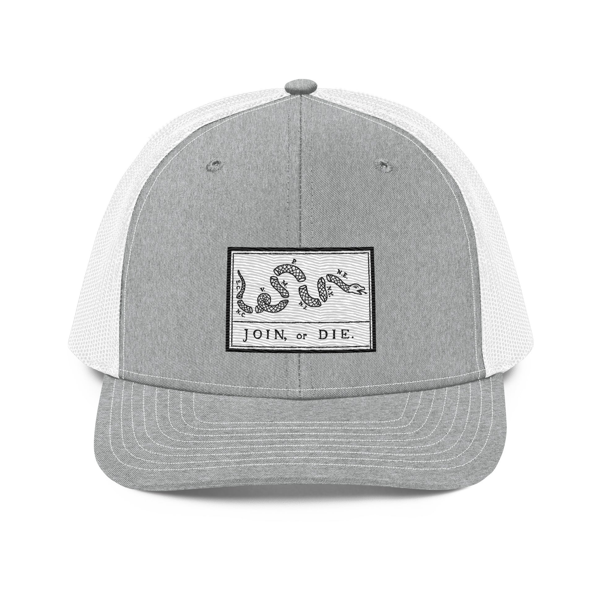 Embroidered “Join or Die" Flag | Snapback Trucker Cap | Richardson 112 Richardson 112 Gun Beaver Heather Grey/White  