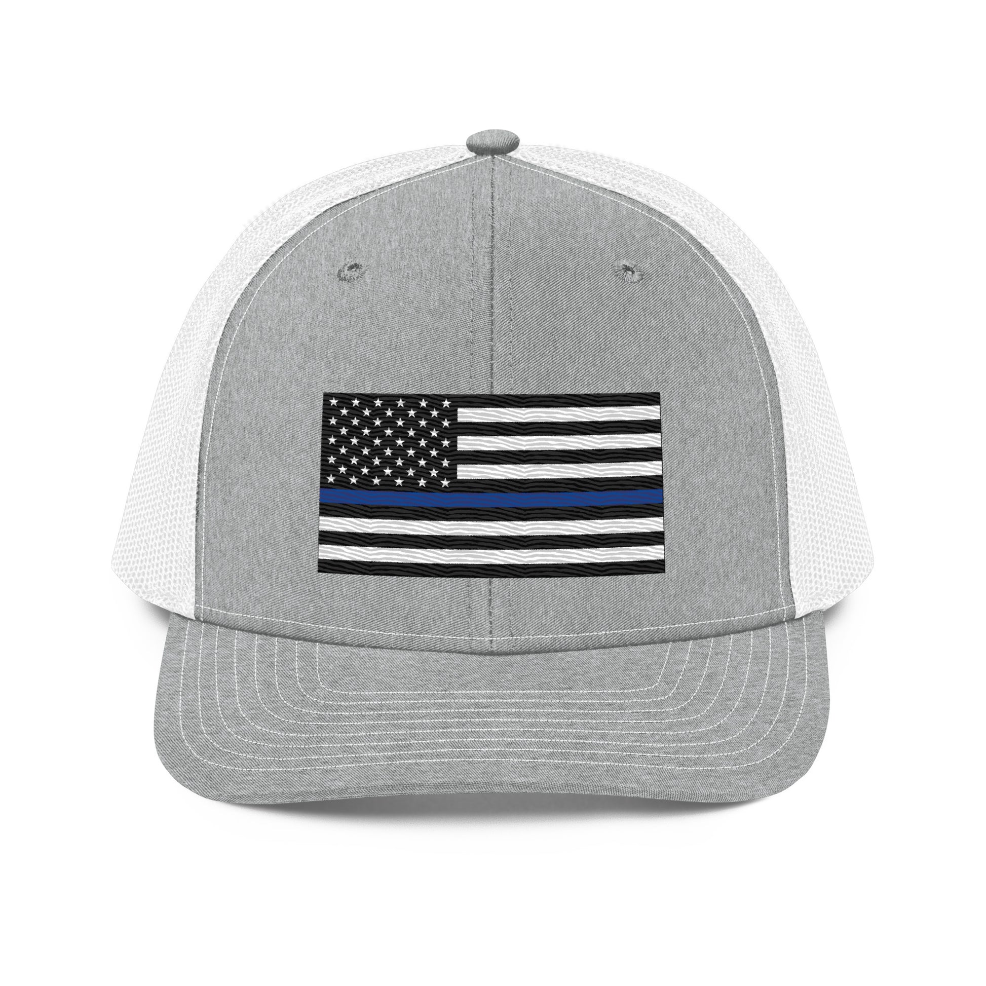 Embroidered Thin Blue Line Flag | Snapback Trucker Cap | Richardson 112 Richardson 112 Gun Beaver Heather Grey/White  