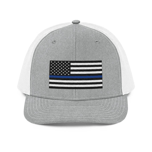 Embroidered Thin Blue Line Flag | Snapback Trucker Cap | Richardson 112 Richardson 112 Gun Beaver Heather Grey/White  