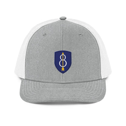 Embroidered 8th Infantry Division Insignia ("Pathfinder") | Snapback Trucker Cap | Richardson 112 Richardson 112 Gun Beaver Heather Grey/White  