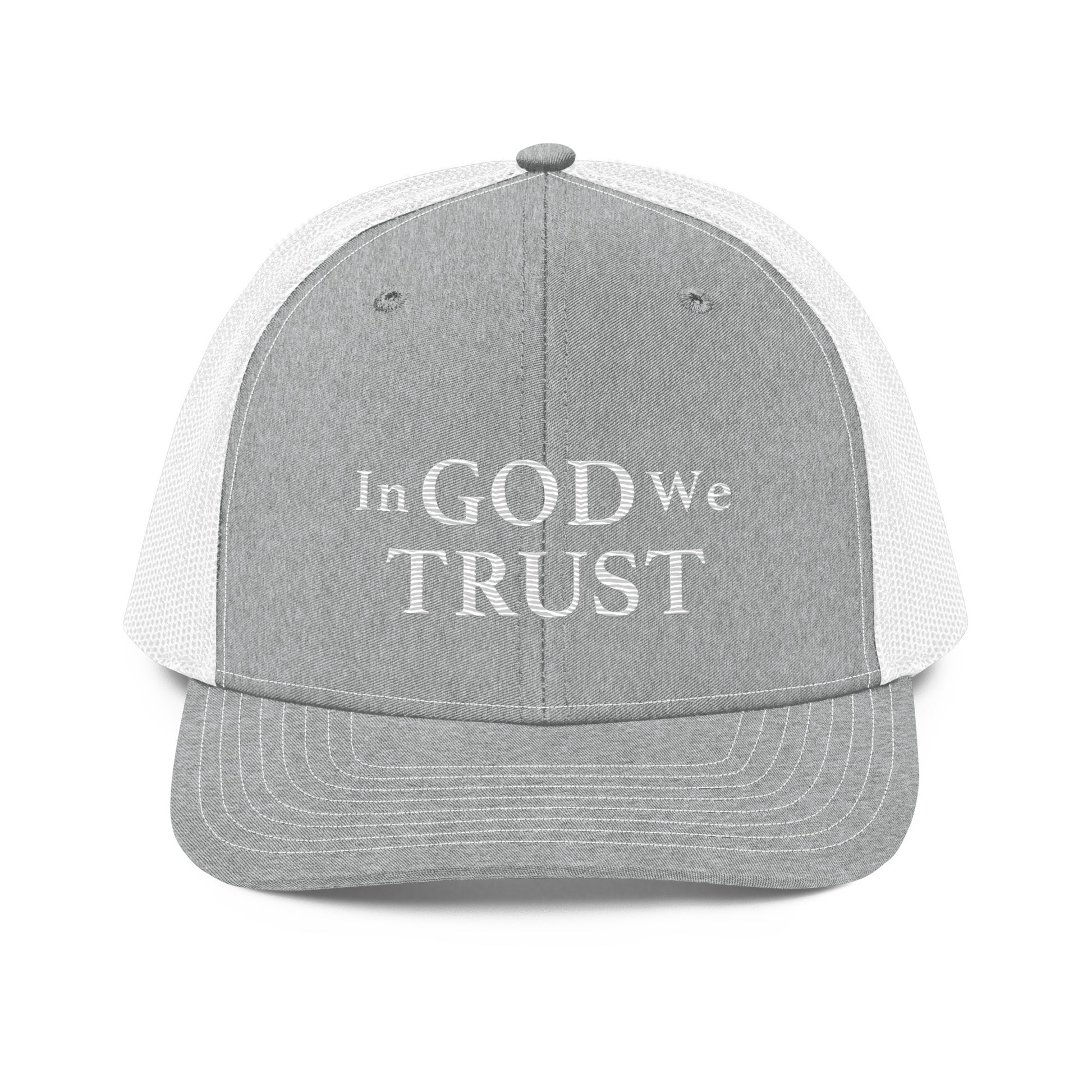 Embroidered "In God We Trust" | Snapback Trucker Cap | Richardson 112 Richardson 112 Gun Beaver Heather Grey/White  