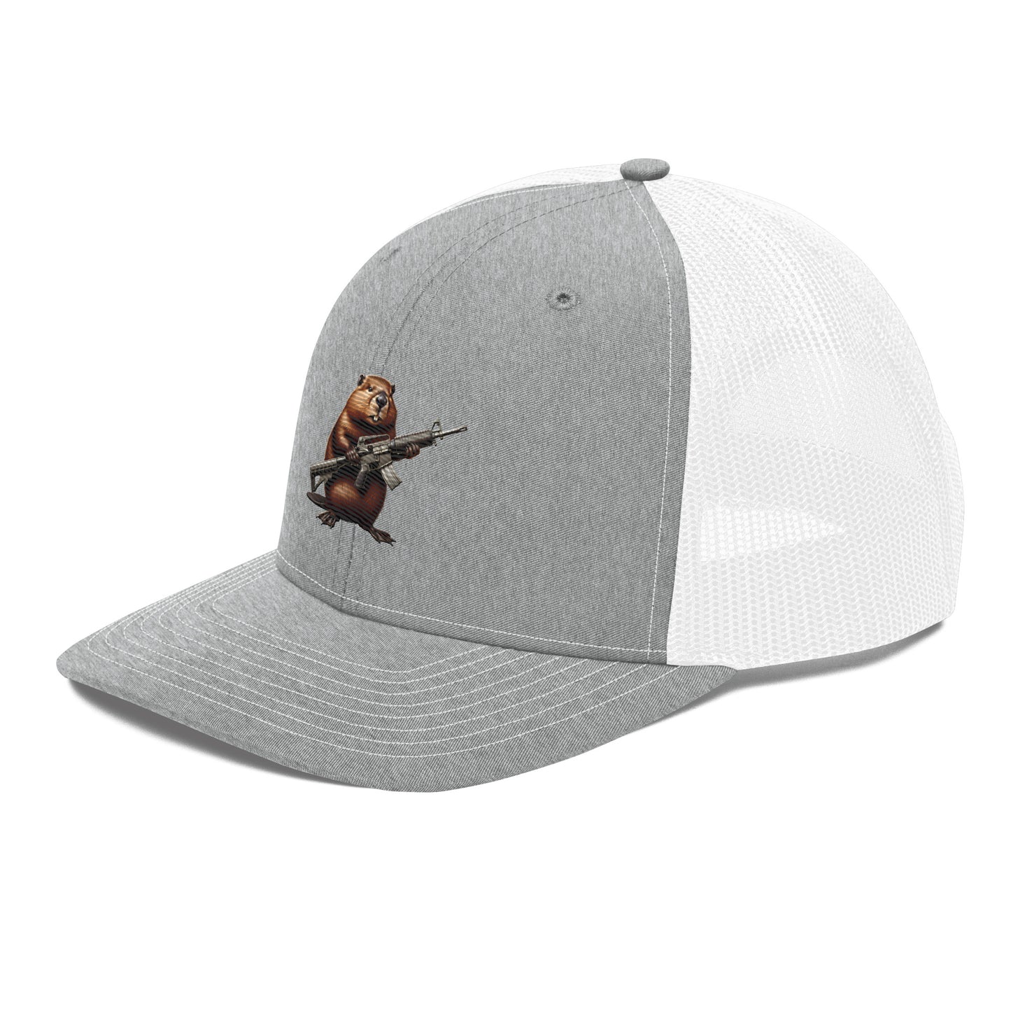 Embroidered Gun Beaver Clutching Rifle | Snapback Trucker Cap | Richardson 112 Richardson 112 Gun Beaver   