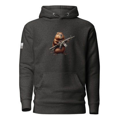 Gun Beaver Clutching Rifle | Premium Cotton Hoodie Cotton Hoodie Gun Beaver Charcoal Heather S 