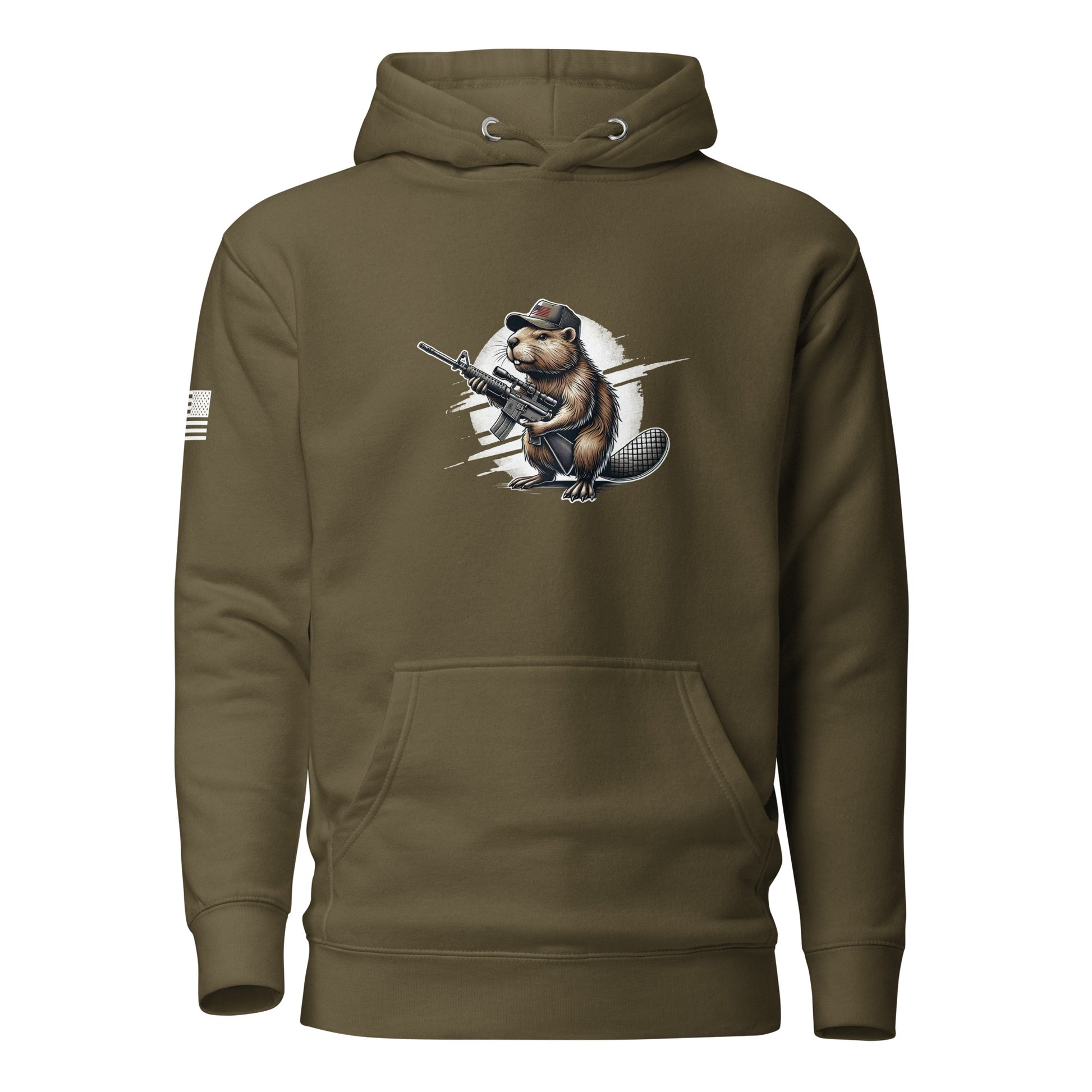 Patriotic Gun Beaver | Premium Cotton Hoodie Cotton Hoodie Gun Beaver Military Green S 