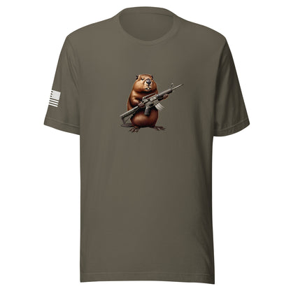 Gun Beaver Clutching Rifle | Short Sleeve Jersey T-Shirt | Bella + Canvas T-Shirt Gun Beaver Army S 