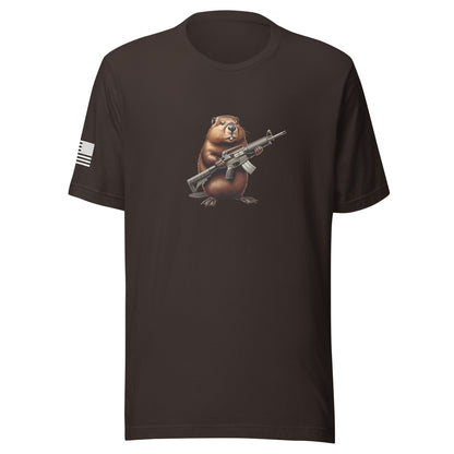 Gun Beaver Clutching Rifle | Short Sleeve Jersey T-Shirt | Bella + Canvas T-Shirt Gun Beaver Brown S 