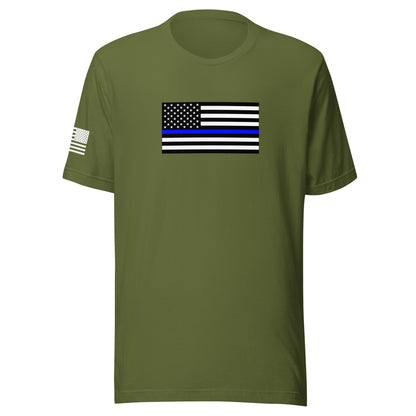 Thin Blue Line Flag | Short Sleeve Jersey T-Shirt | Bella + Canvas T-Shirt Gun Beaver Olive S 