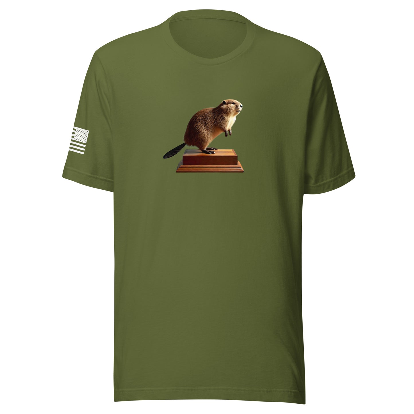 "Thank you. I just had it stuffed." Stuffed Beaver | Short Sleeve Jersey T-Shirt | Bella + Canvas T-Shirt Gun Beaver Olive S 