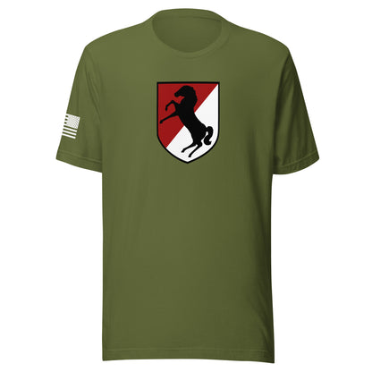 11th Armored Cavalry Regiment Insignia ("Blackhorse Regiment") | Short Sleeve Jersey T-Shirt | Bella + Canvas T-Shirt Gun Beaver Olive S 